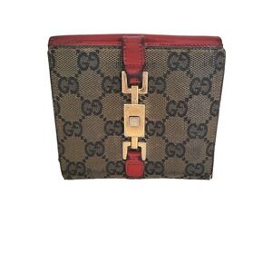 GUCCI GG Vintage Jackie Canvas Leather Wallet Monogram Bifold Medium Red Fair